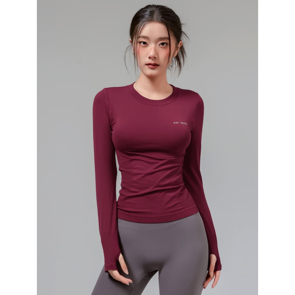 Esportes topo de manga comprida camiseta feminina outono de uma peça de malha magro-ajuste roupas de Yoga roupas de seca