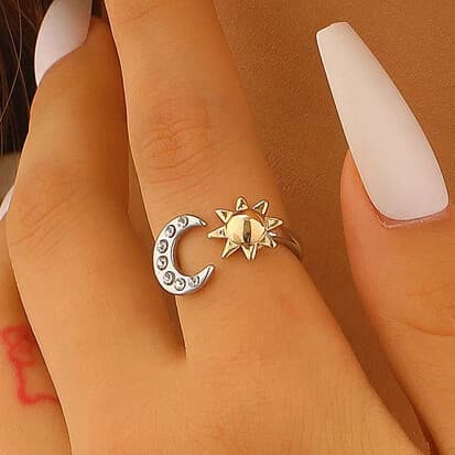 Anel Feminino, Joia com Pingente de Sol e Lua, Anel Ajustável Sol e Lua para Mulheres, Acessórios e Presentes para Mulhe