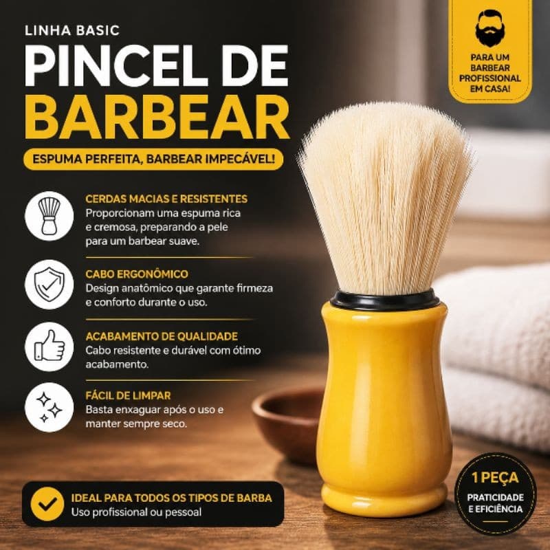 Pincel de Barbear Profissional Cerdas Macias Cabo Ergonômico para Espuma de Barbear Barba Masculina