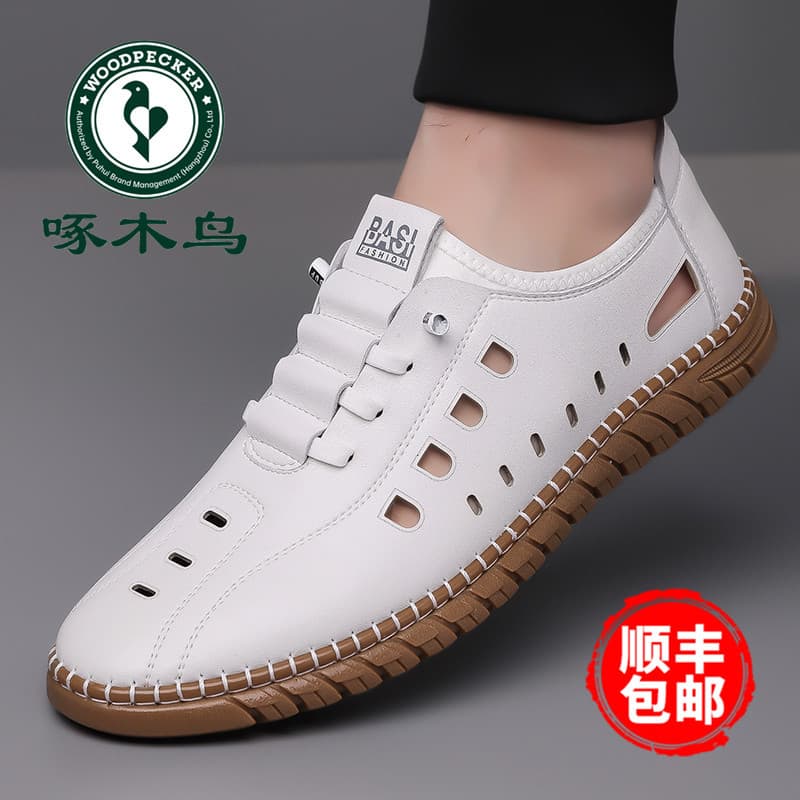 Woodpecker 2025 verão novo estilo sandálias de couro genuíno masculino oco respirável All-Match sandálias casuais sapato