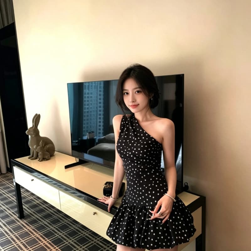 2026 primavera verão novo estilo bolinhas gola de ombro inclinada plissado Ultra curto Bud vestido Halter pescoço preto