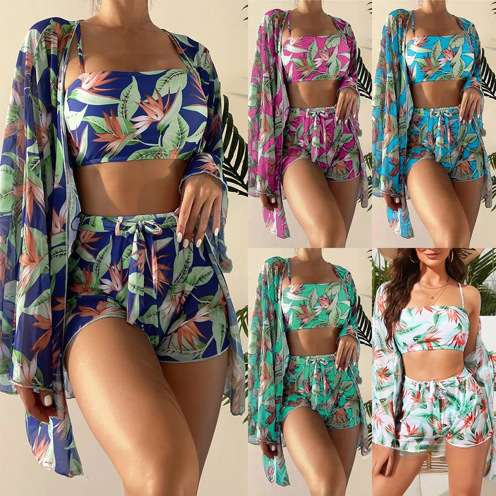 Conjunto feminino de quatro peças: biquíni/camisa de manga comprida de cintura alta, saída de praia protetora, elegante