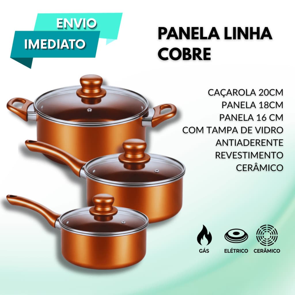 Caçarola Panela Linha Cobre Cerâmica Antiaderente Tampa Vidro Fogão a Gás 16 18 20cm Dia a Dia Casa Doméstico