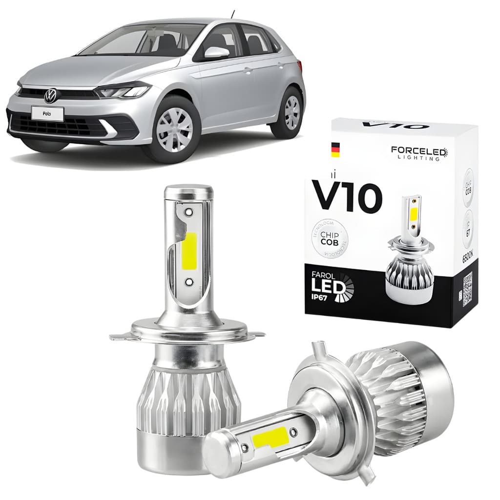 Kit Led de Farol Fiat Polo Full Mini V10 (2 Lamp.) H3 IP67 ChipCob 6500K Cor Branca Com Leve Azulado