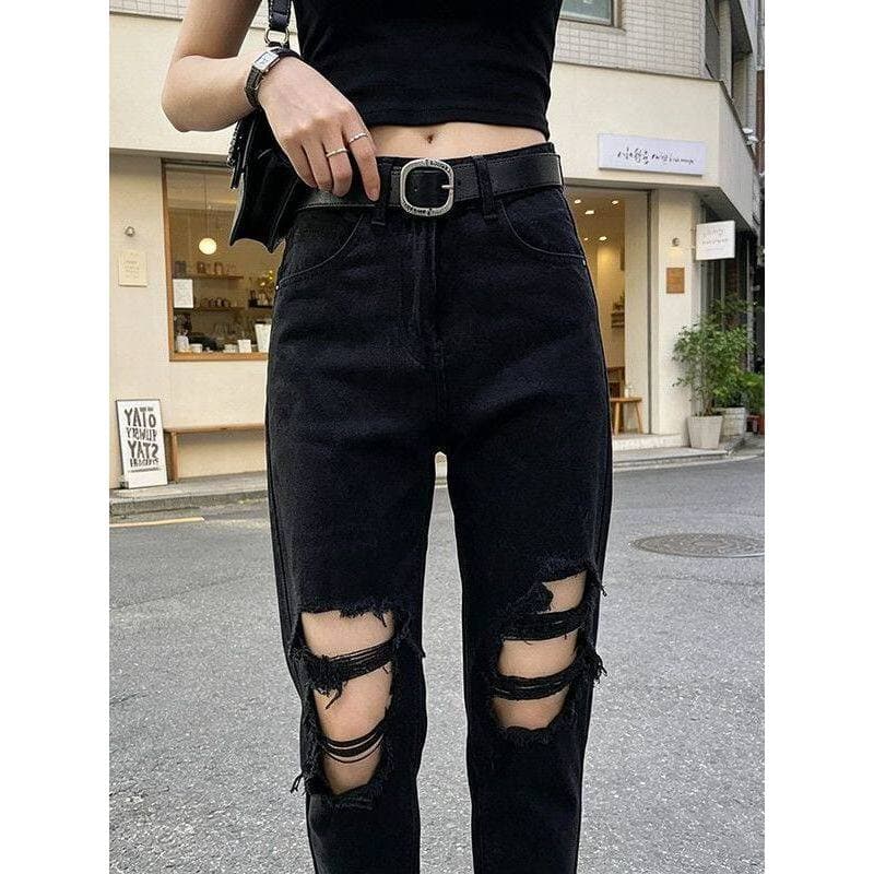 Versão coreana preto rasgado mais magro olhar Harem Jeans feminino 2026 verão novo estilo cintura alta tornozelo comprim
