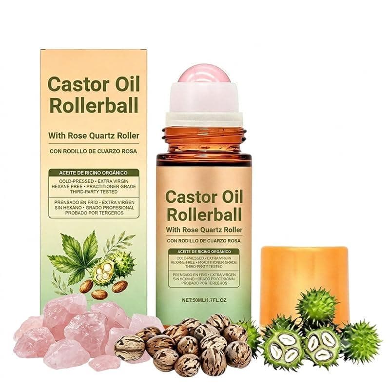Óleo de Rícino com Rolo de Quartzo Rosa: Óleo Hidratante 100% Prensado a Frio - Óleo de Rícino Orgânico com Bola de Quar