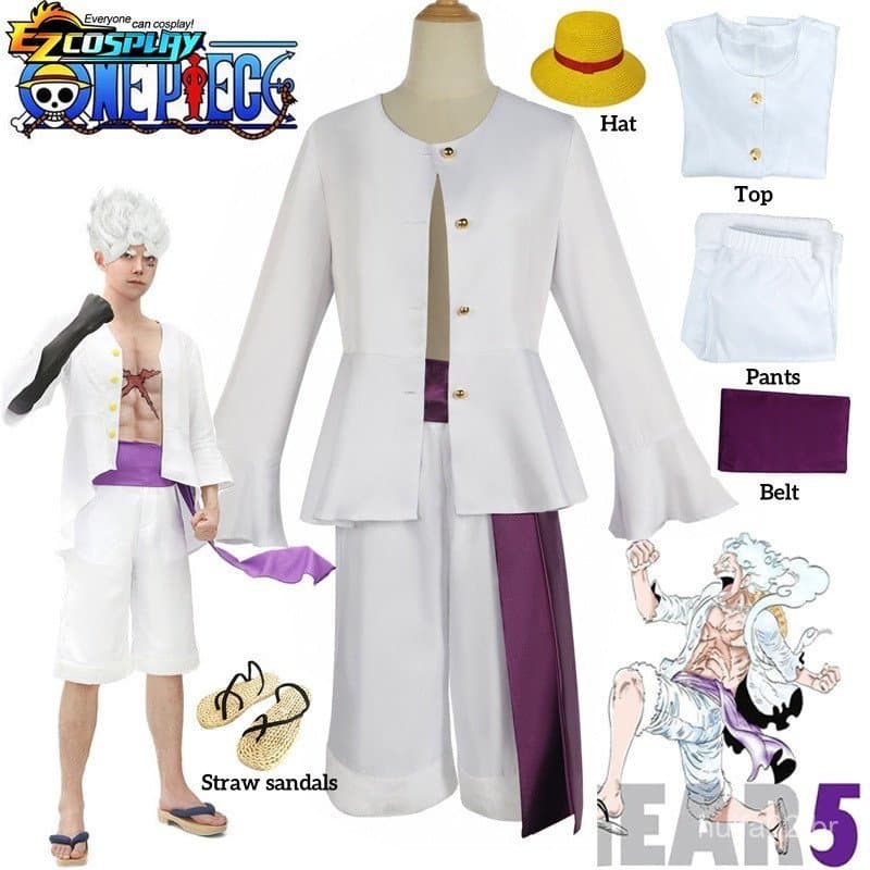 Fantasia de Cosplay do Luffy Gear 5 Nika para Adultos, Traje Branco com Camisa, Calças e Chapéu para Festa de Halloween