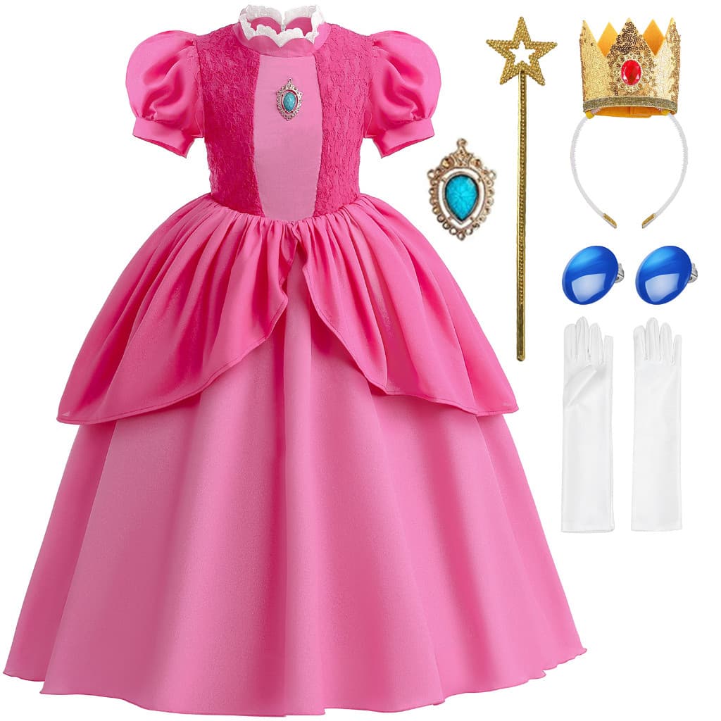 Em Estoque Vestido de Cosplay da Princesa Peach Fantasia Infantil para Festa de Aniversário de Meninas Halloween Natal Q