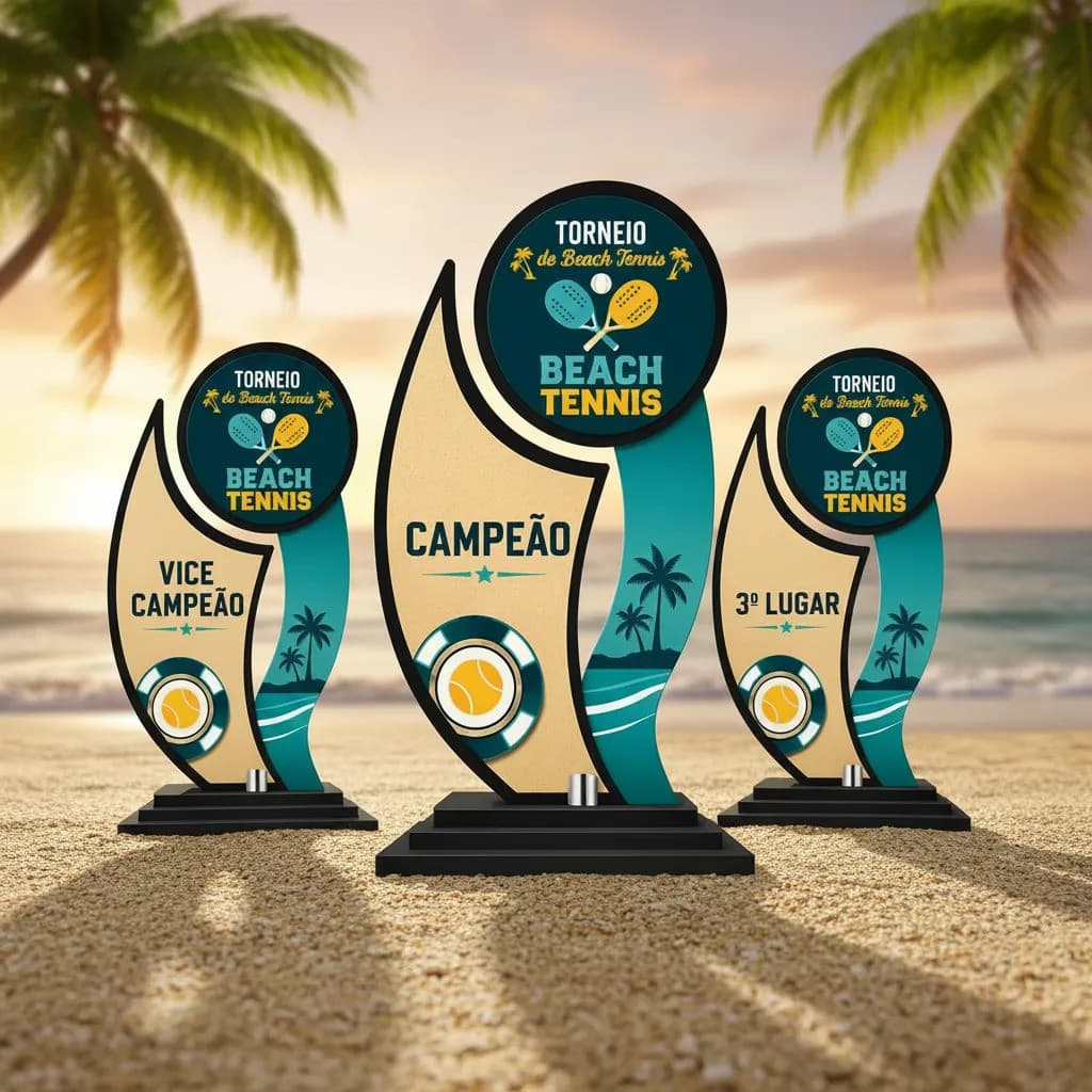 Kit Troféu Beach Tennis Mdf 20cm C/ 3 Peças Premiação Beach Tennis
