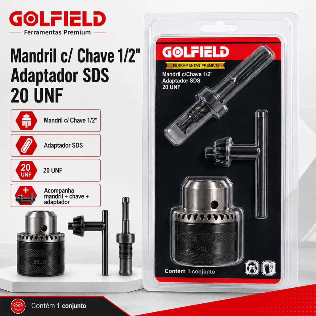 Adaptador SDS Plus Com Mandril 1/2 Pol E Chave Rosca 20UNF Para Martelete Brocas Convencionais