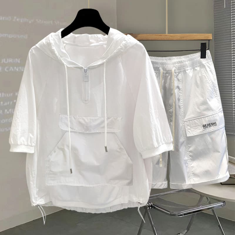 Zíper com capuz de manga curta camiseta terno masculino verão Street Wear Workwear grande bolso Design estudante Lo