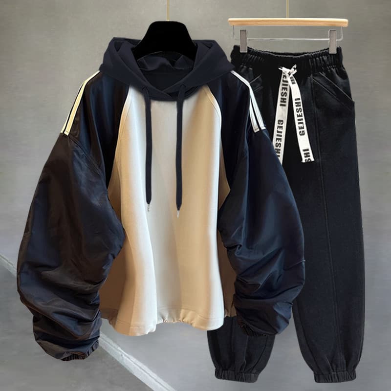 Plissado manga Raglan moletom com capuz terno masculino outono inverno versão coreana na moda listrado costura tamanho g