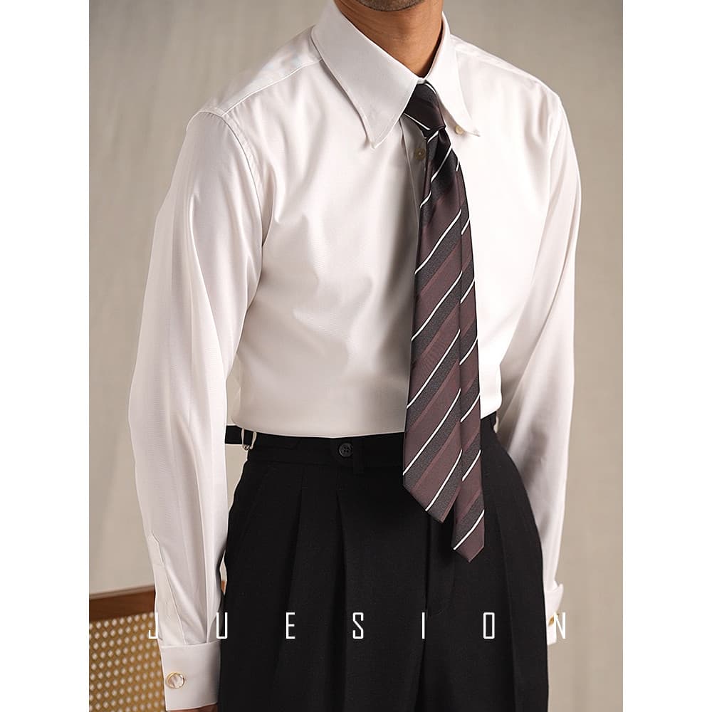 Jusion camisa de manga comprida de manga francesa masculina gola grande pontiaguda botão oculto outono não ferro fácil d