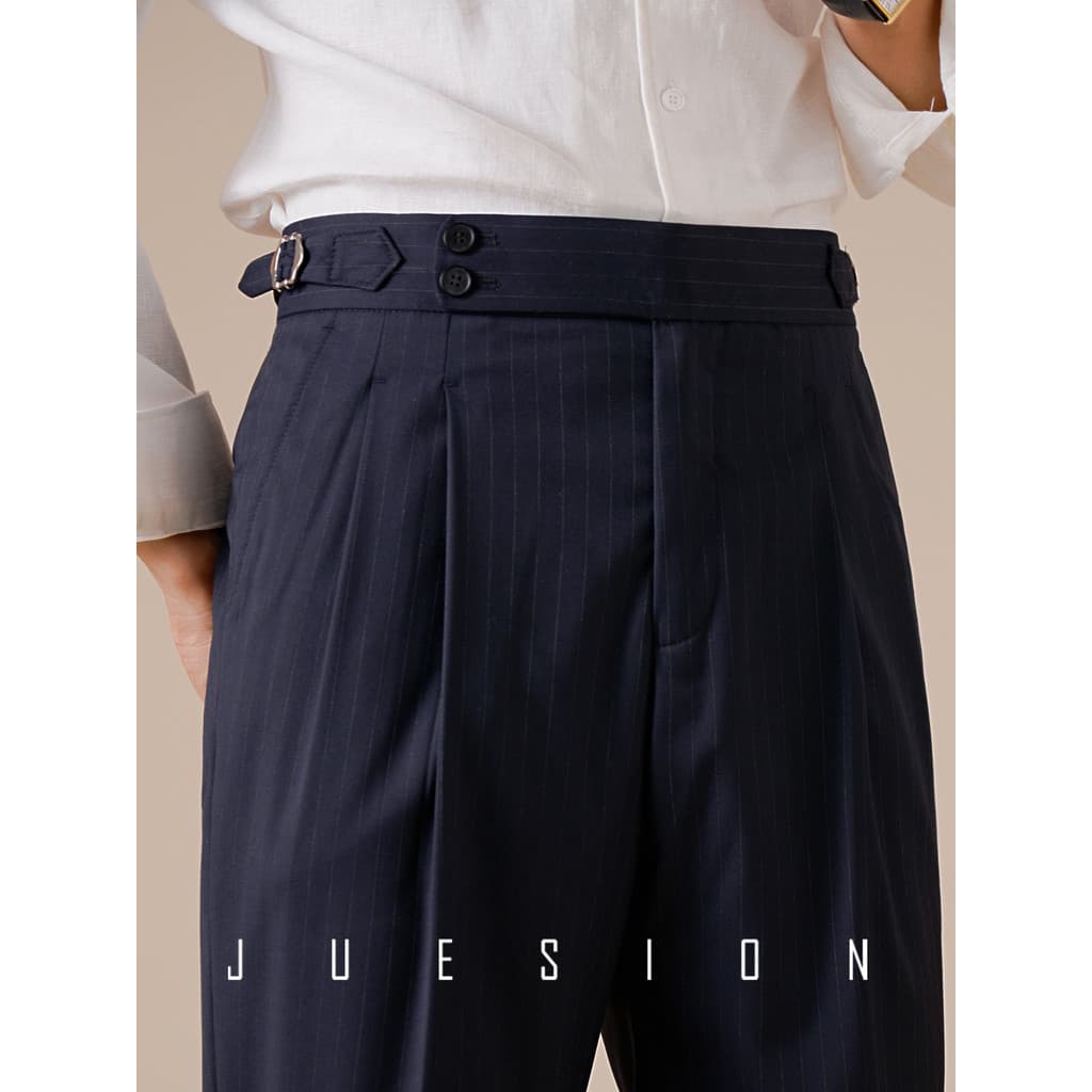 Jucean italiano listrado duplo plissado calças masculinas estilo reto nápoles outono novo terno calças compridas