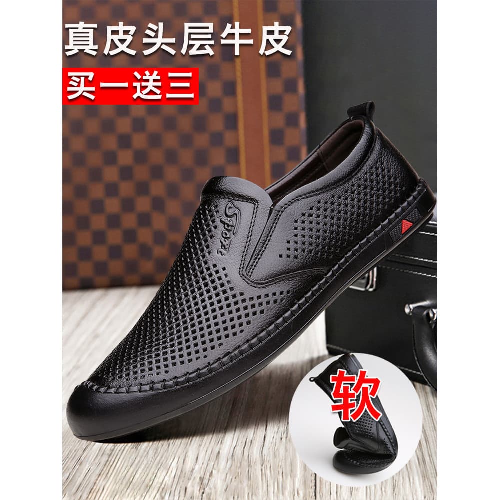 Sandálias masculinas de couro genuíno buraco sapatos sandálias de couro verão respirável oco preto preguiçoso pessoas de