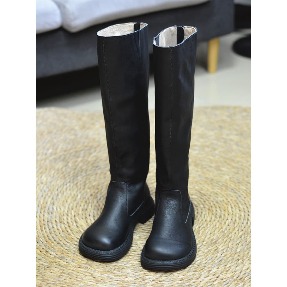 Botas femininas de couro genuíno, bico redondo plano, botas altas, aparência mais fina, botas Martin, bico largo, feio,