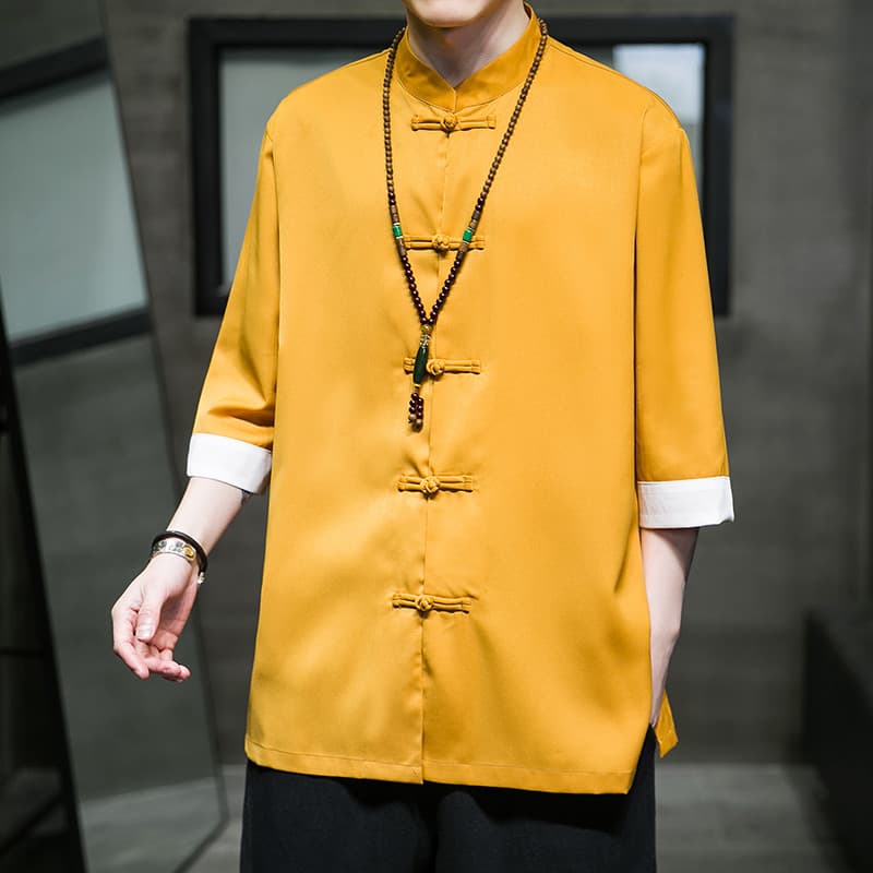 2023 verão estilo chinês roupas masculinas de seda gelo Tang terno Hanfu botão camisa de manga de três quartos Layman ro