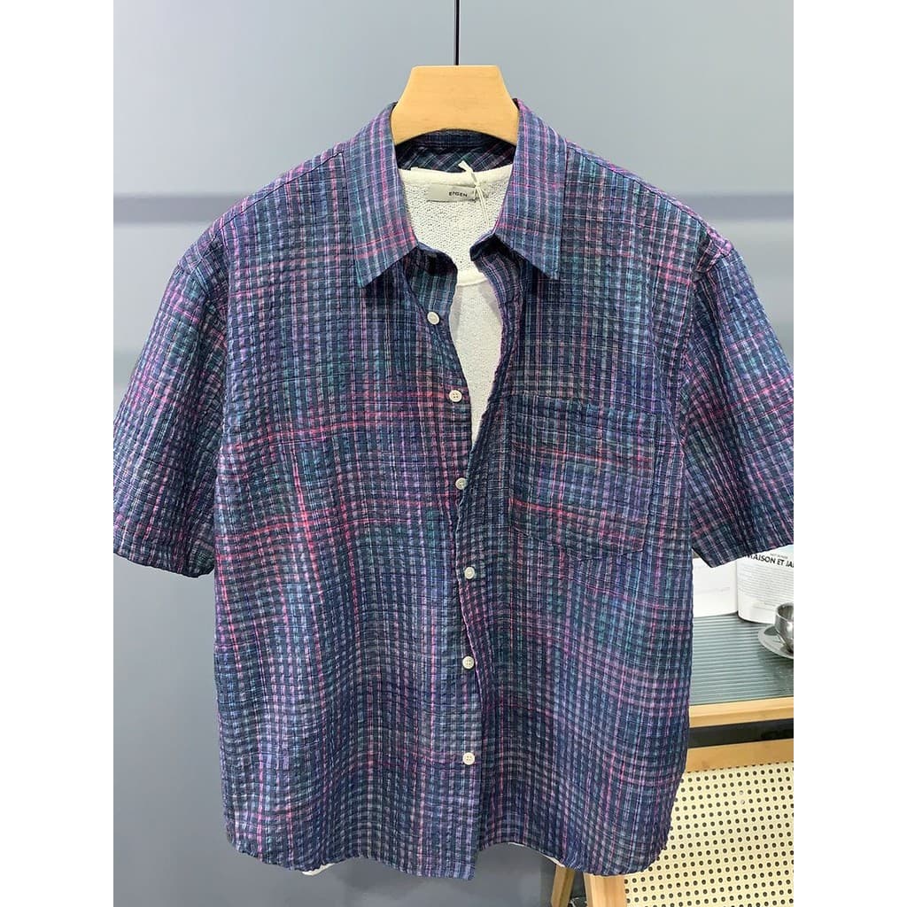Seersucker camisa de manga curta masculina verão novo estilo na moda Casual solto Houndstooth pequena camisa xadrez All-