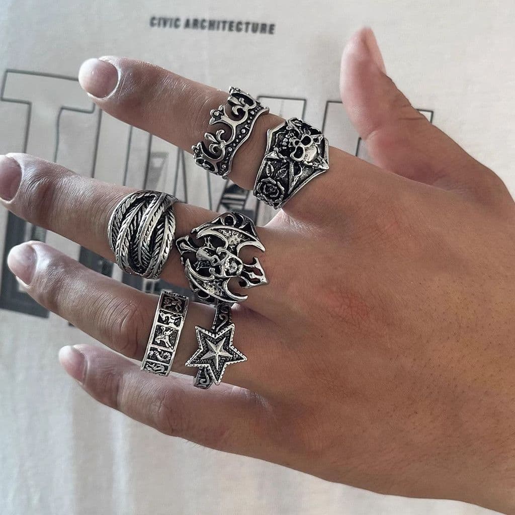 Conjunto de 6 anéis de caveira para homens, acessórios de anéis únicos de estilo gótico, punk, hip-hop, retrô e exagerad