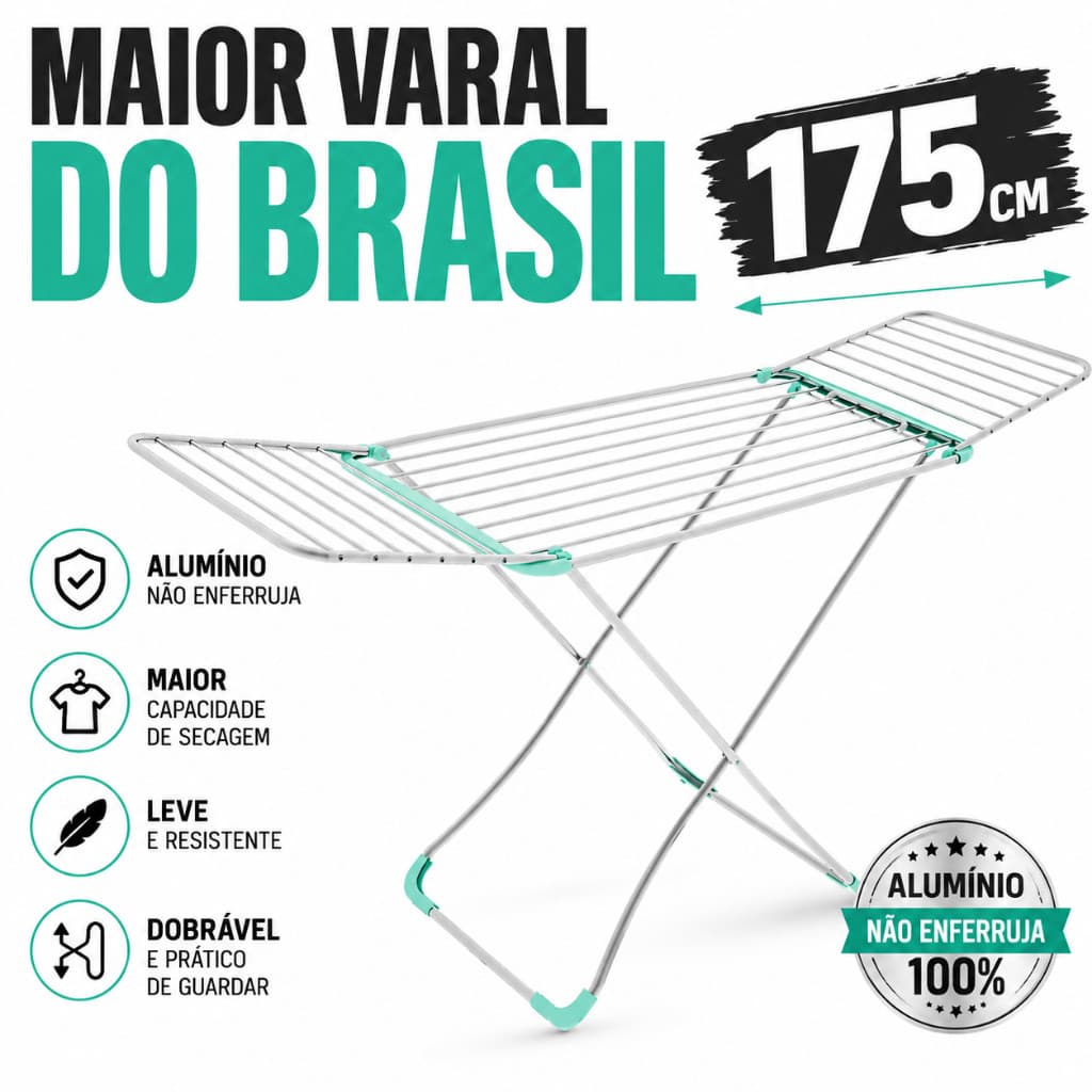 Varal de Chão 175cm 100% Alumínio Grande Reforçado Dobrável Retrátil Com Abas Não Enferruja
