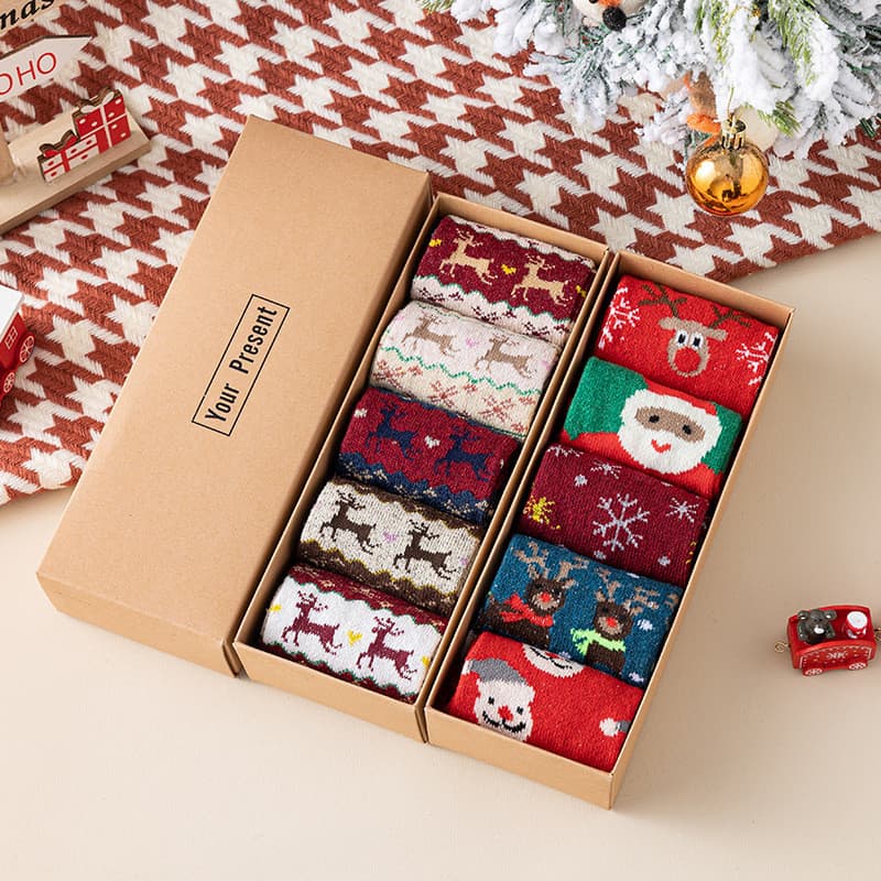 Caixa encaixotado meias de natal novo estilo outono inverno senhoras meias de lã quente bonito Mid-tube Elk meias femini
