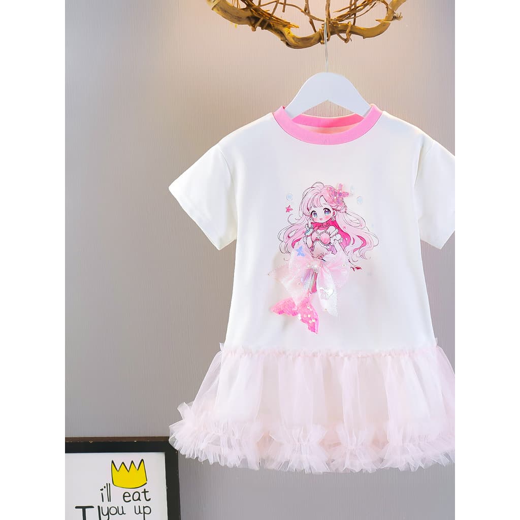 Meninas verão sereia vestido de princesa 2026 novo estilo bebê moda camiseta vestido crianças verão vestido de manga cur