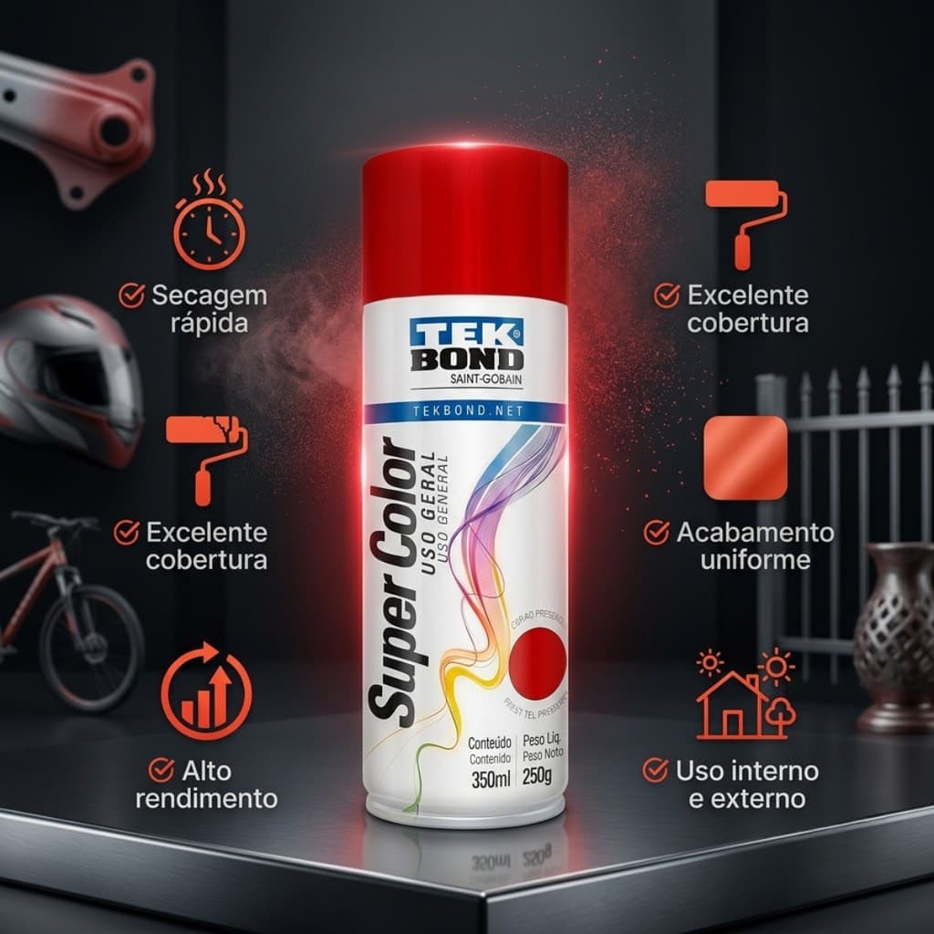 Tinta Spray Tekbond Super Color Vermelho 350ml Secagem Rápida