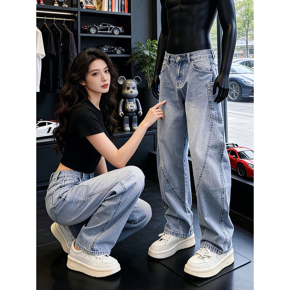 Azul claro americano corte chanfrado Machete lavado Jeans masculino verão solto Retro macacão solto calças de perna larg