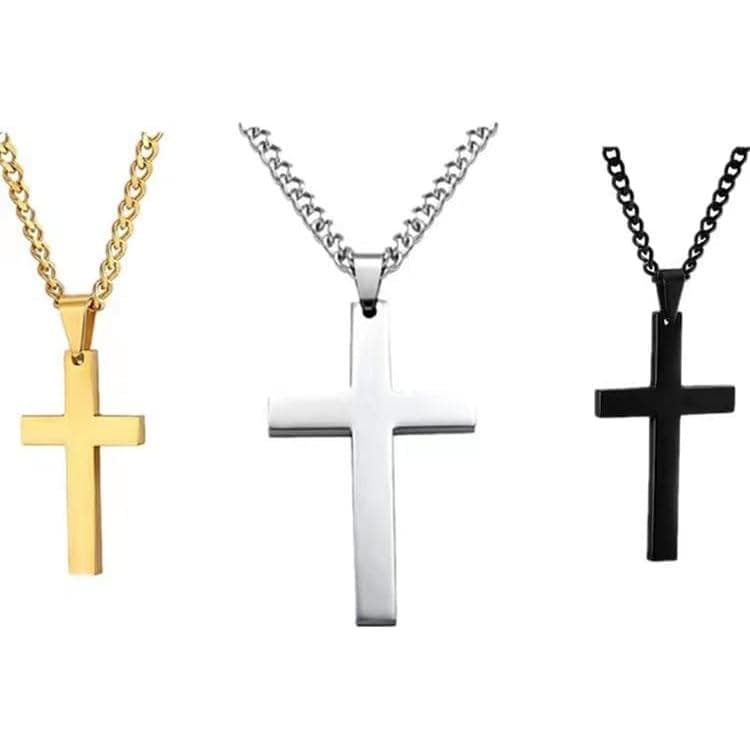 Colar de Cruz Colorido Brilhante 3 Peças - Pingente Prata, Preto, Dourado - Joia Cristã Simples e Elegante para Presente