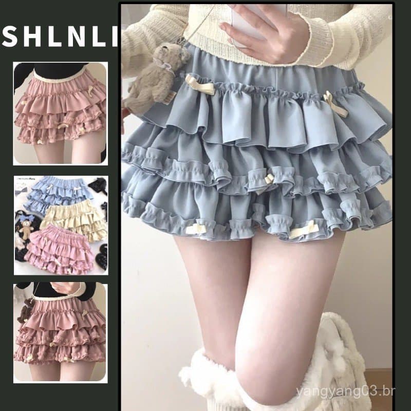 Saia Mini de Cintura Alta com Babados Estilo Y2K para Mulheres, Estilo Japonês Fofo Lolita com Laço, Modelo A-line Cake
