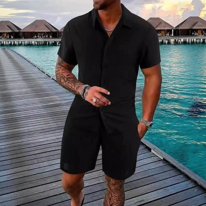 Roupas masculinas de verão europeias e americanas: conjunto casual de camisa de manga curta e shorts de algodão-linho pa