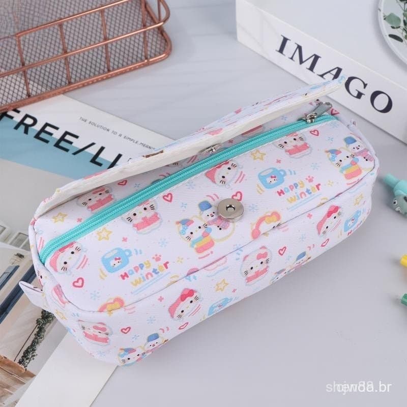 PLUMHOME Bonito Inverno Hello Kitty Flip Lápis Saco Ins Grande Capacidade Escola Primária E Secundária Estudante Papelar