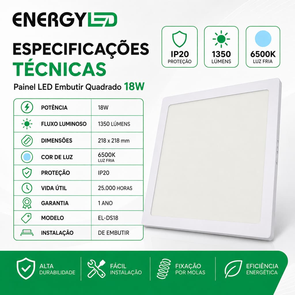 Painel Plafon LED Sobrepor Quadrado 18W EnergyLED Bivolt 1350 Lúmens 20x20cm IP20
