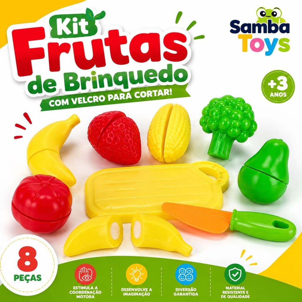 Kit Frutas de Brinquedo para Cortar Com Velcro Tábua e Faquinha Infantil Samba Toys Cozinha