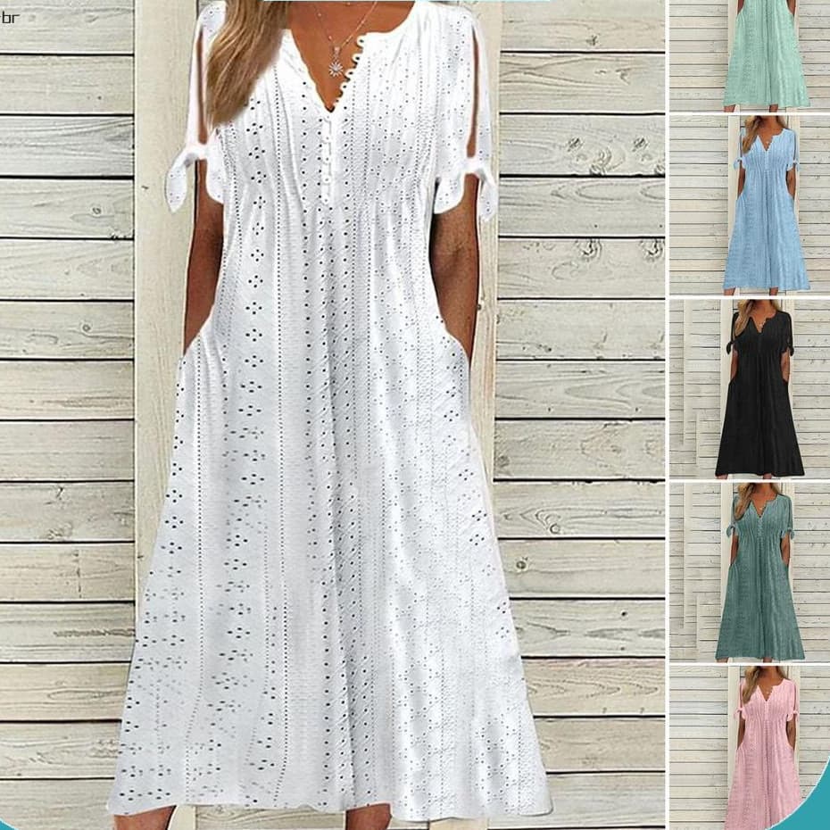 Vestido Maxi de Verão em Tons Pastéis, Decote em V, Laço, Manga Curta, Fluido, para Praia e Férias, Modelo A-Line com Bo