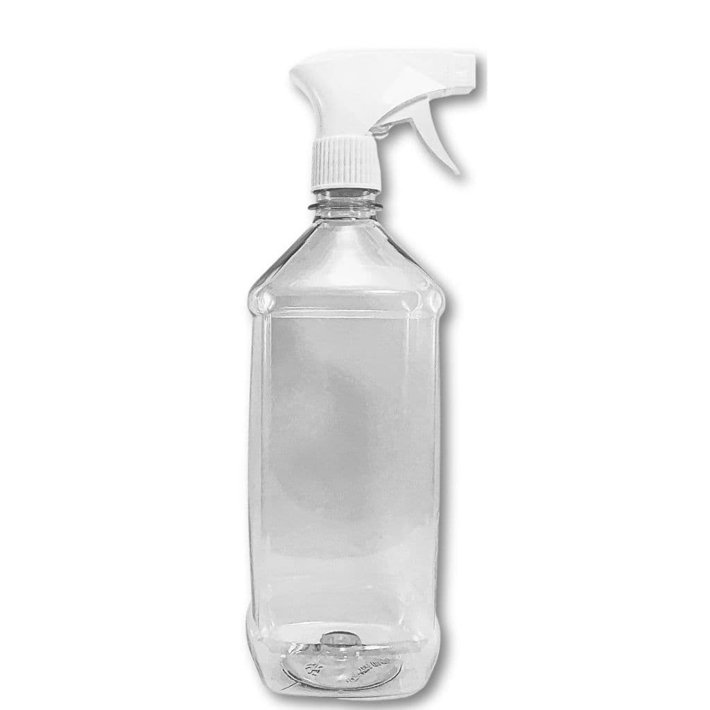 Frasco 1000ml R 28/410 Quadrado, Gatilho spray Branco p/ Limpeza, Essências, Álcool, Aromas - Pet Cristal - 1 Un.