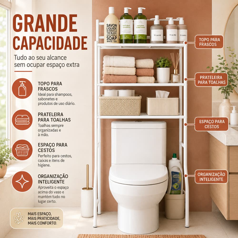 Estante Organizadora Para Acima Do Vaso, Três Níveis Espaçosos, Suporta Toalhas E Produtos De Higiene
