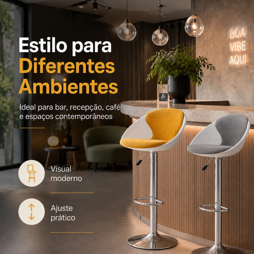 Banqueta De Balcão Altura Ajustável Com Apoio De Pés, Tecido Macio Bicolor, Base Cromada Resistente E Visual Sofisticado
