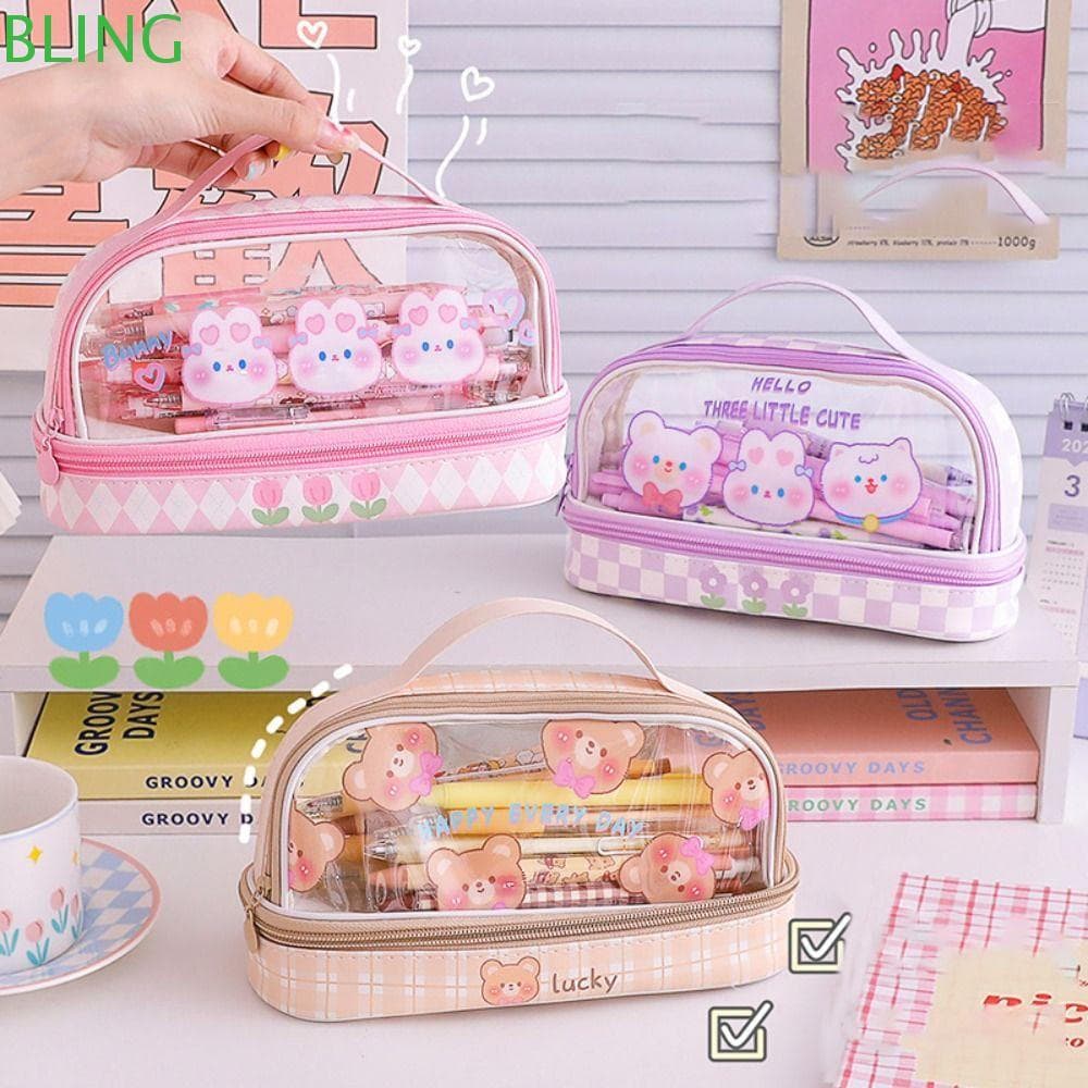 Lápis BLING , Organizador Estacionário De Camada Dupla De PVC , Material Escolar De Escritório , Bolsa De Caneta De Gran