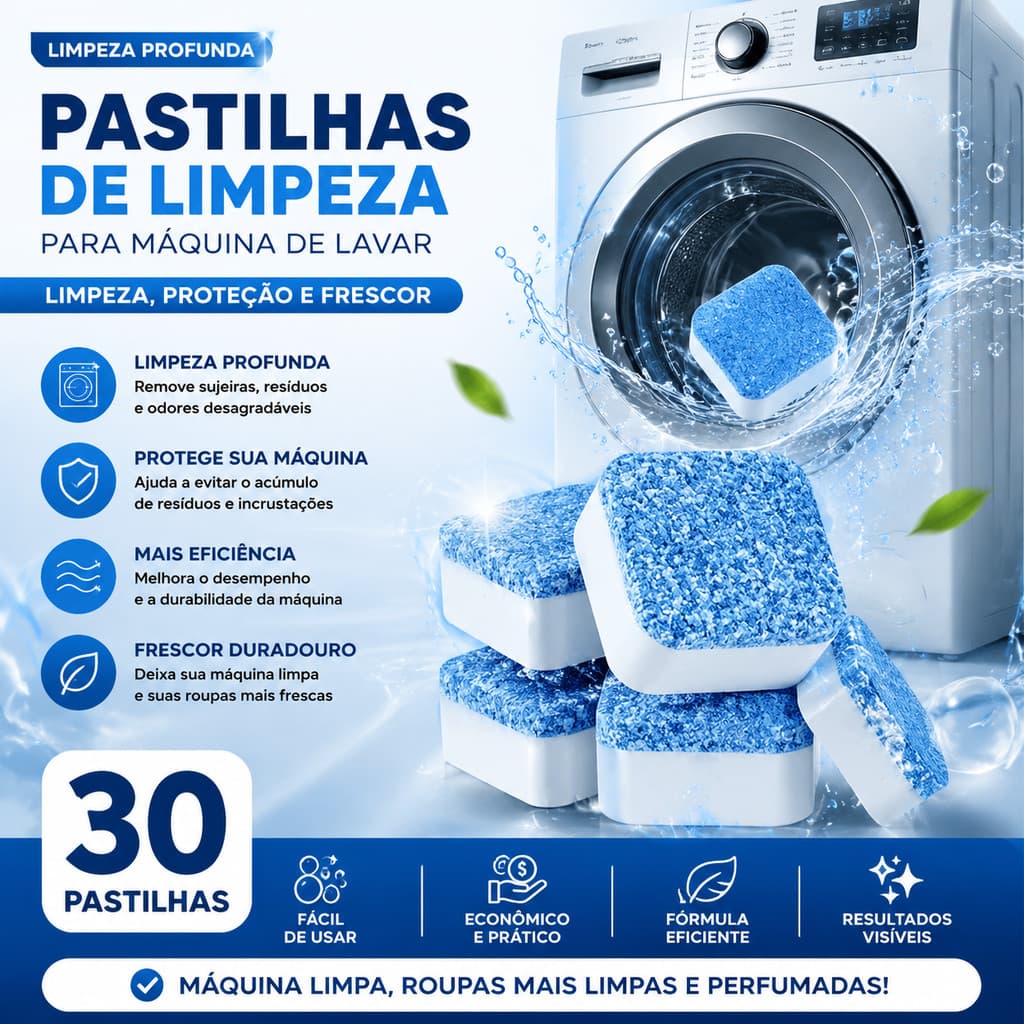 Kit 30 Pastilhas Efervescentes Multifuncionais Limpeza Anti Bactéria Desodorante para Máquina de Lavar Roupas