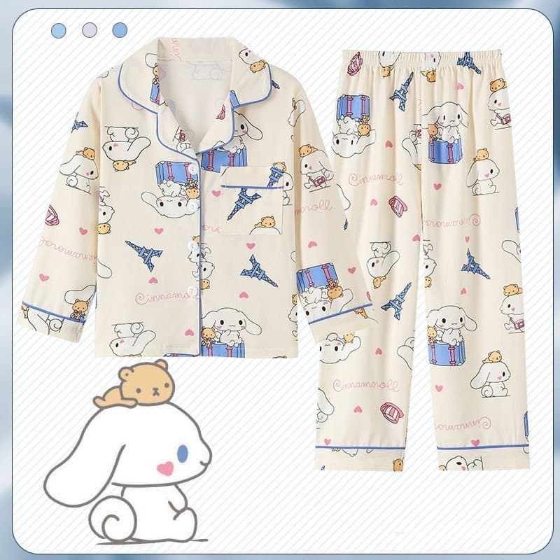 Conjunto de Pijama Infantil Sanrio para Meninas, Estampa Completa de Desenhos Animados, Cardigã com Lapela e Calças D