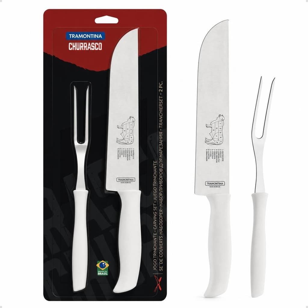 Jogo Kit Faca Churrasco Profissional Multiuso Cozinha Trinchante Chef Churrasqueira Tramontina 8P