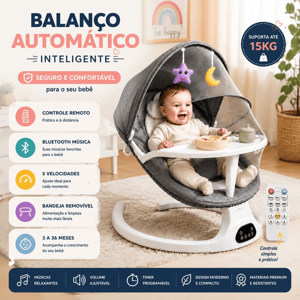 Cadeira de Balanço para Bebê Cadeira de Descanso Vibratória com Música, Móbile e Brinquedos Interativos