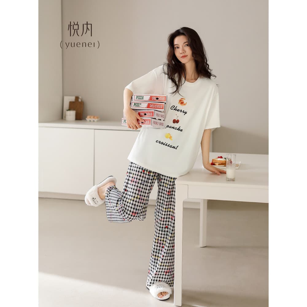Yue interior almofada no peito pijamas feminino verão calças de manga curta puro algodão Homewear Casual pode usar fora