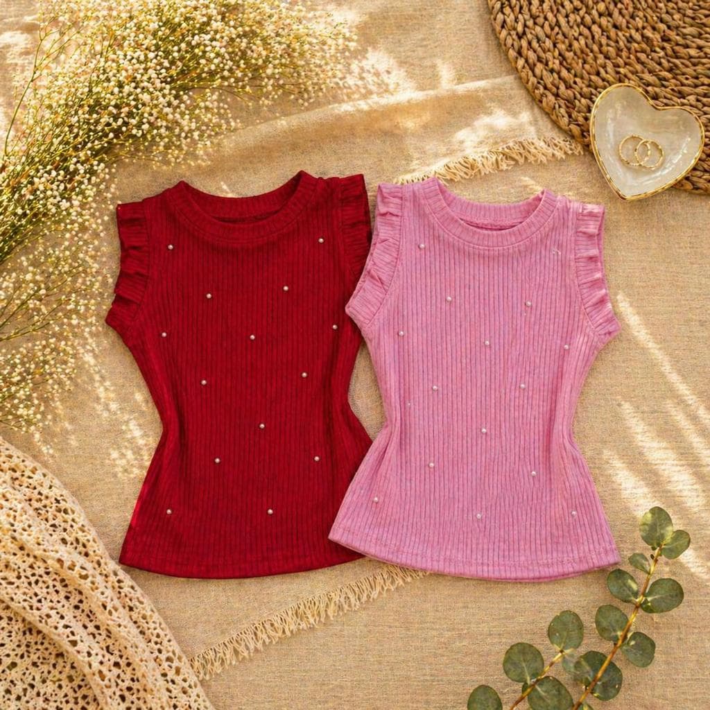 Kit 2 Blusas Femininas Infantil Manga Babado com Pérolas