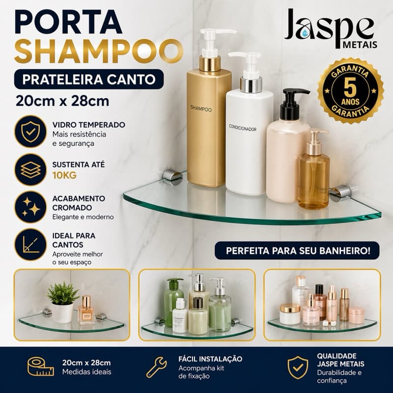 Prateleira de Canto Vidro Incolor 20x20 cm Chanfrada, Espessura 6 mm, Suporte Cromado Porta Shampoo