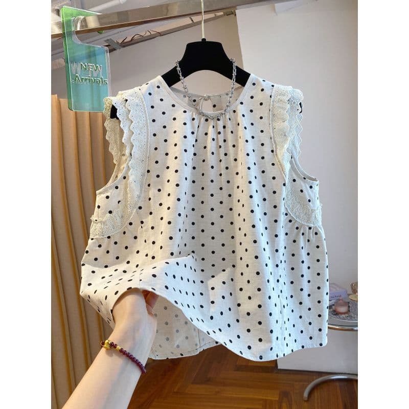 [Venda com desconto por tempo limitado] Top sem mangas de renda de bolinhas estilo coreano, novo estilo de verão solto S