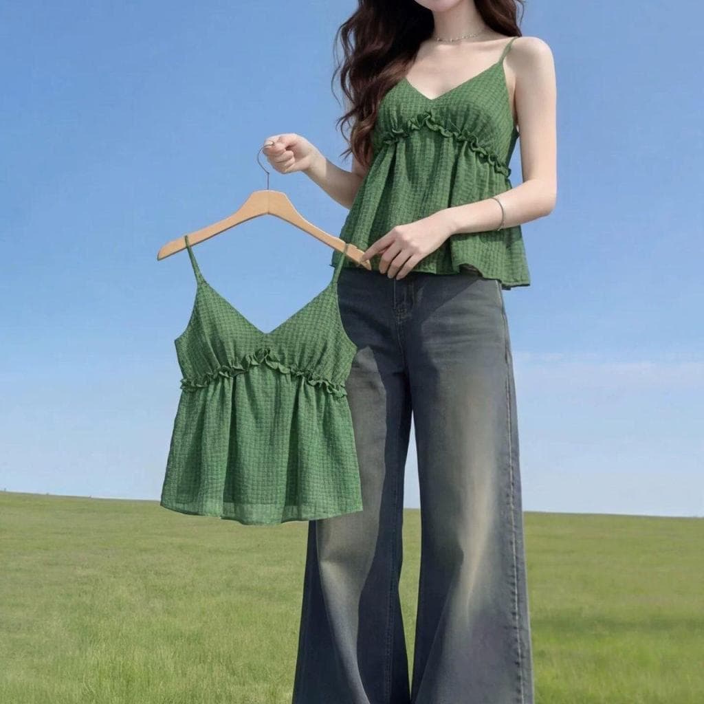 [50% de desconto em venda quente] Retro verde fungo borda Floral camisola feminina verão exterior Wear Halter elegante c