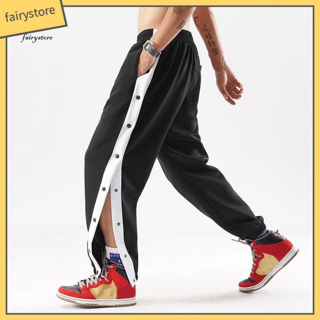 Men Drawstring Pants Casual Trousers Men's Sports Joggers with Side Button Closure Loose Fit Wide Leg Elastic Waist Soft