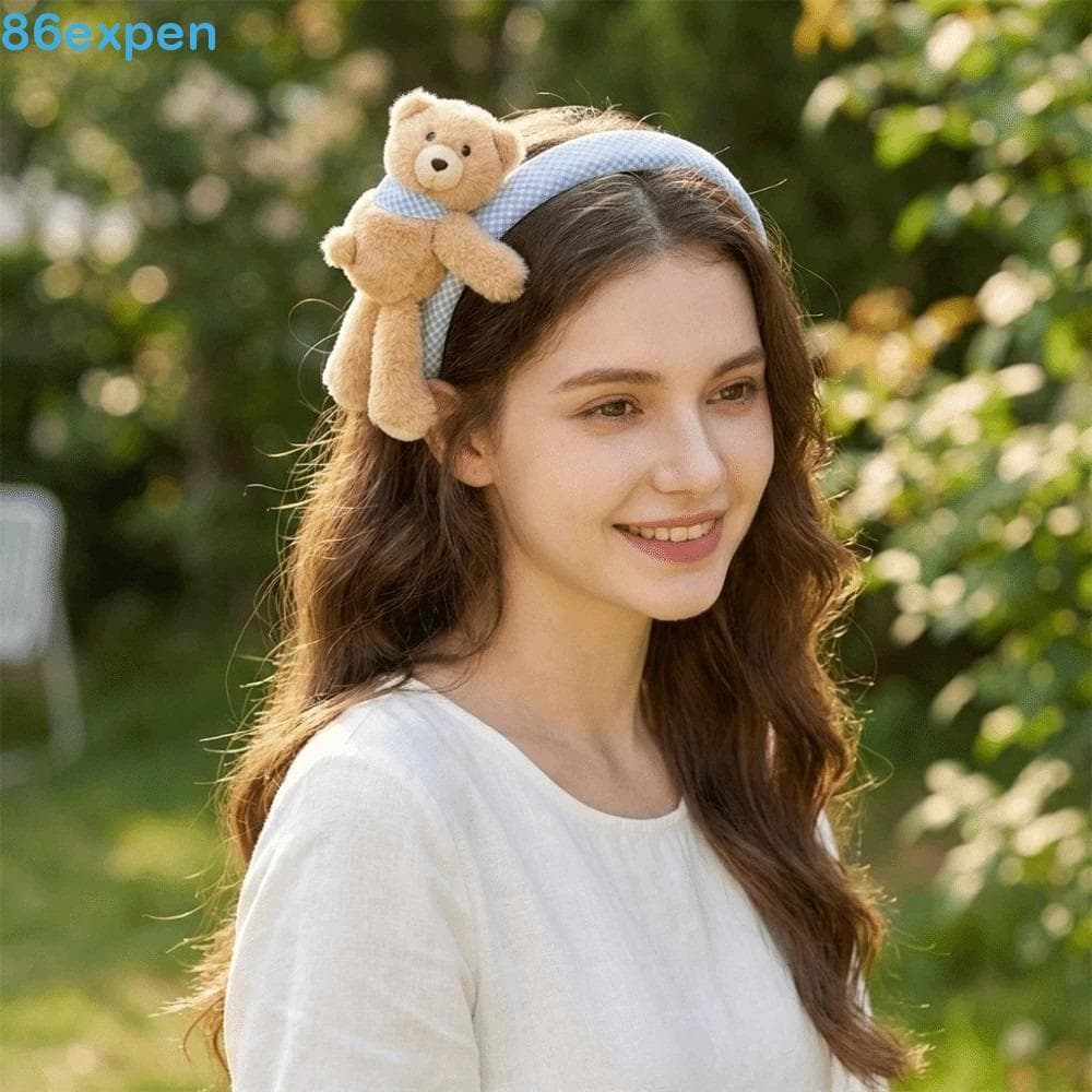 EXPEN1 Scrunchies Xadrez Azul , Faixa De Cabeça Fofa De Urso De Pelúcia Com Laço De Renda Cabelo Leve Textura Macia E An